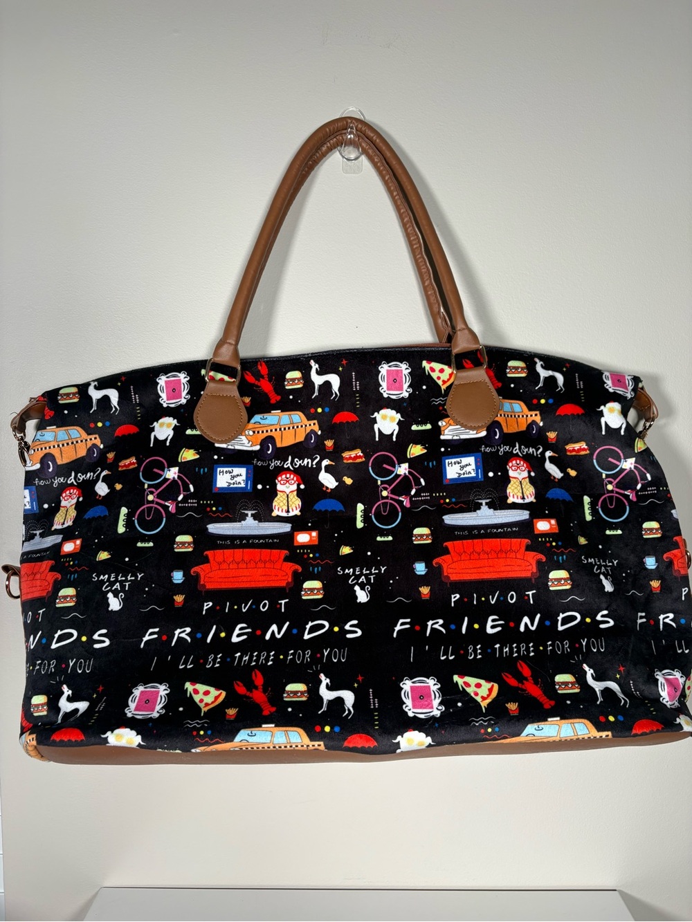Black 'Friends' Pattern Travel Tote with Brown Handles